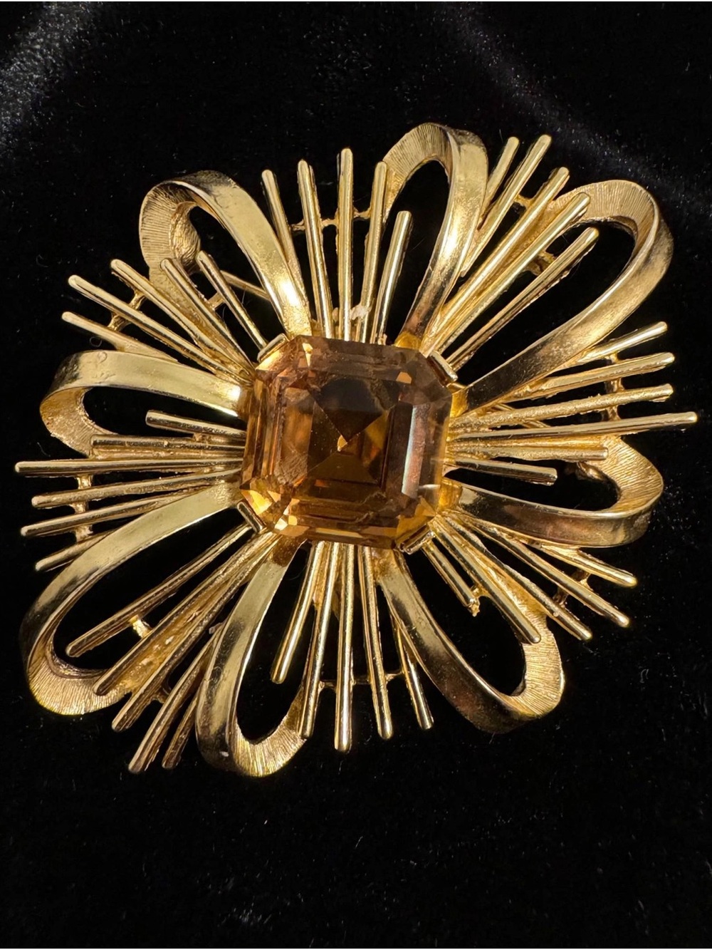 Trifari Gold-Tone Flower Brooch with Amber Center Stone